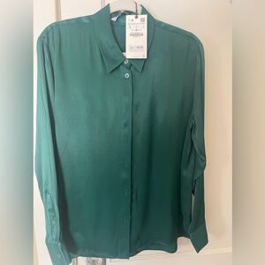 Zara green satin shirt size L brand new with tags fitted